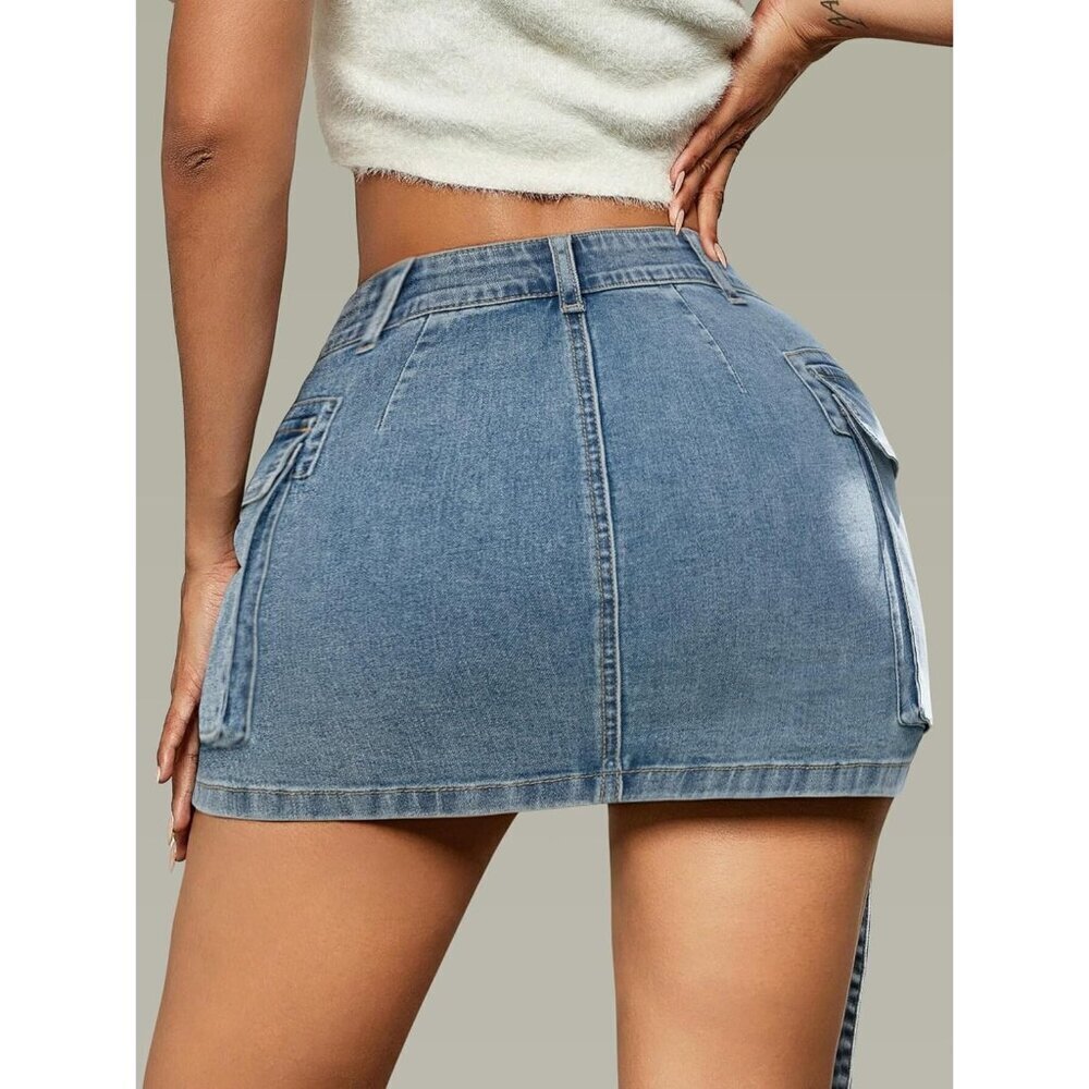Women Denim Cargo Skirt Mini Low Waist Pockets Casual Y2K Style - Picture 2 of 5